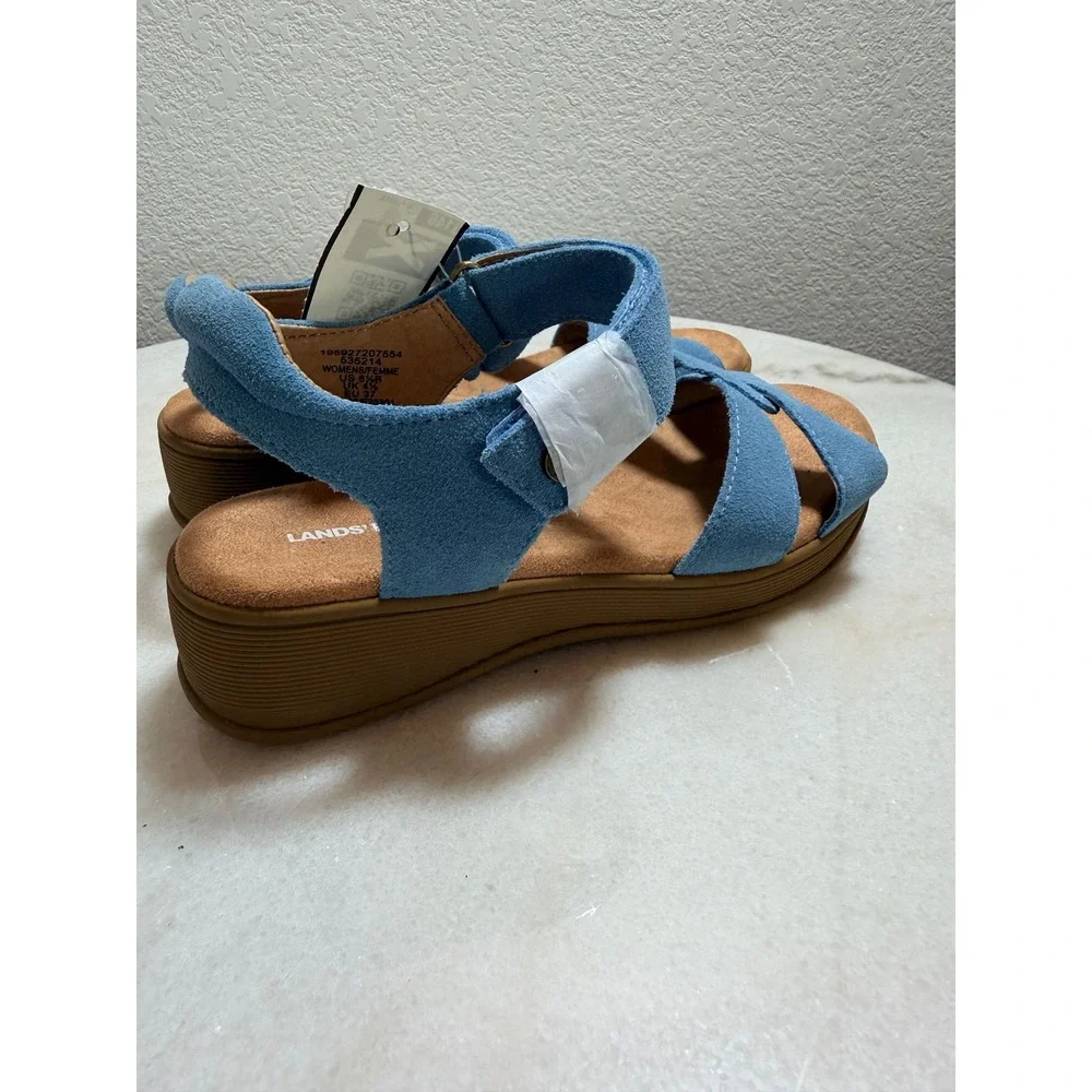 Lands End Womens Blue Suede Wedge Sandals‎ 535214 Size 6.5 B Strappy Comfort